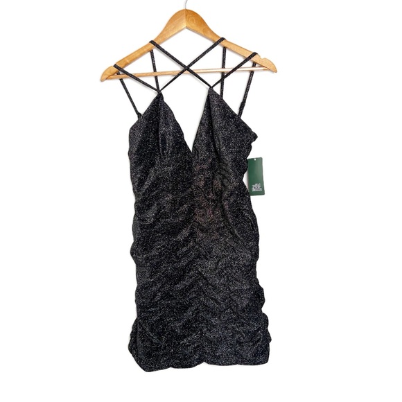 wild fable Dresses & Skirts - NWT Wild Fable Black Sparkle Ruched Bodycon Mini Dress Spaghetti Straps V Neck